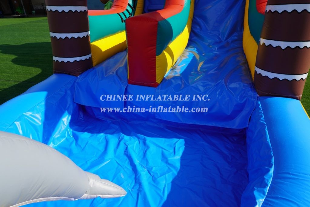 T8-1332 Dolphin Theme Inflatable Palm Tree Water Slide Kids Party Adults Inflatable Slide With Pool